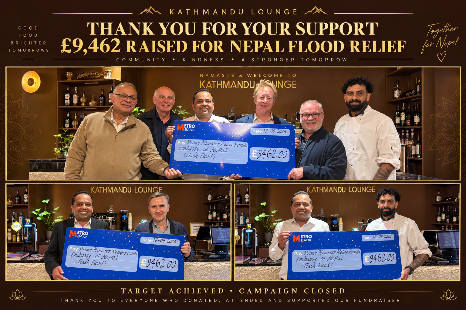 Kathmandu Lounge supporters and team celebrating £9,462 raised for Nepal flood relief, with photographs of the fundraising cheque